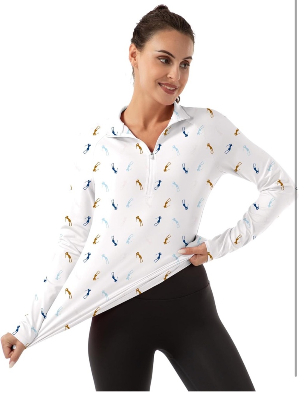 FKeep Women’s Golf White Quarter-Zip Long Sleeve Top with Multi-Color Print
